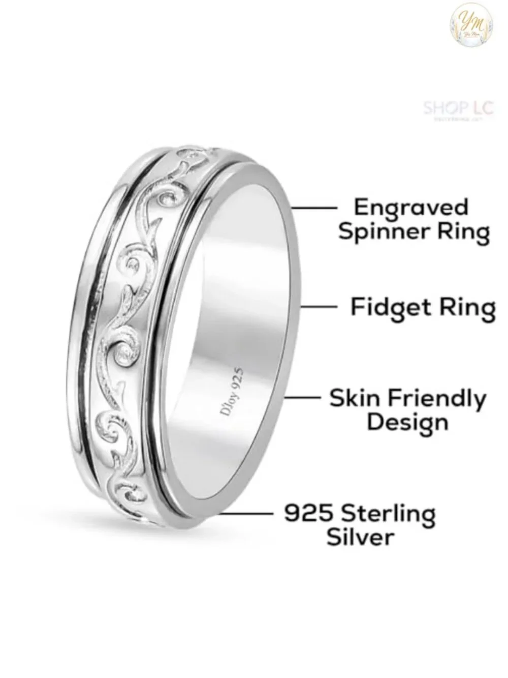 925 Sterling Silver Spinner Ring for Anxiety Stress Relief Women Boho Platinum